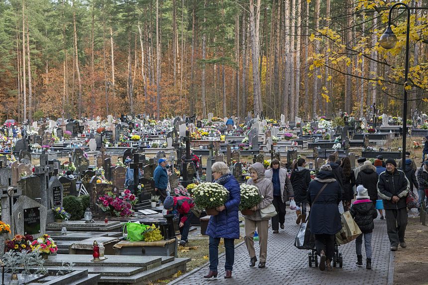 Widok na cmentarz z ludźmi niosącymi kwiaty, drzewami w tle, w jesiennej scenerii.