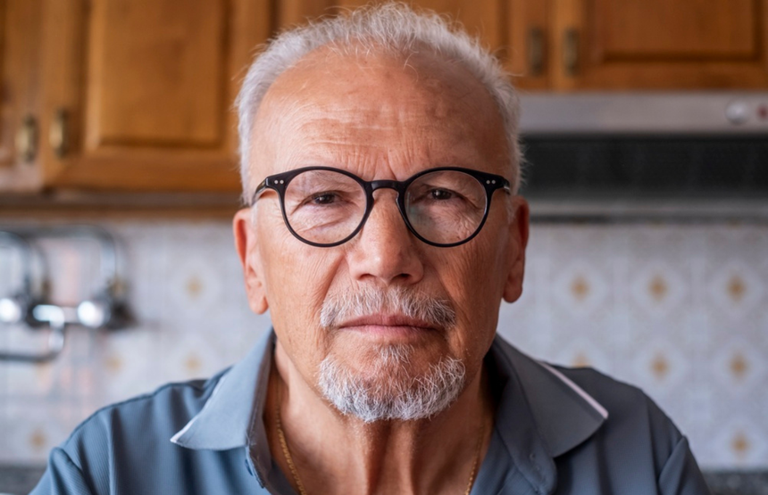 Mężczyzna w okularach z siwymi włosami i brodą, siedzi w kuchni z drewnianą szafką w tle.