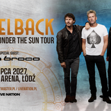 Plakat koncertu zespołu Nickelback z datą, miejscem i informacją o gościu specjalnym.