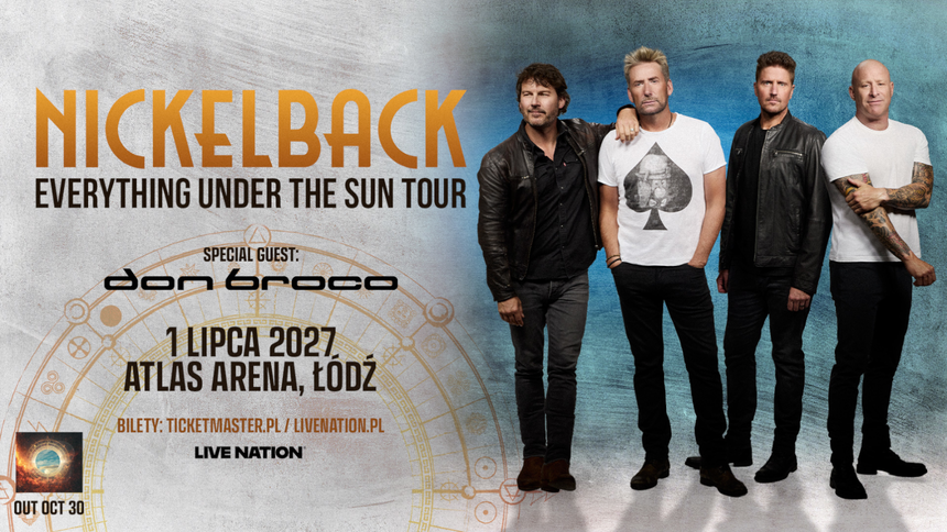 Plakat koncertu zespołu Nickelback z datą, miejscem i informacją o gościu specjalnym.