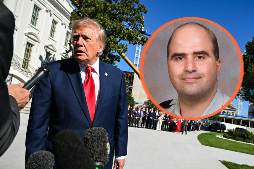 Na zdjęciu Donald Trump udziela wywiadu przed Białym Domem. W tle ludzie i zieleń.