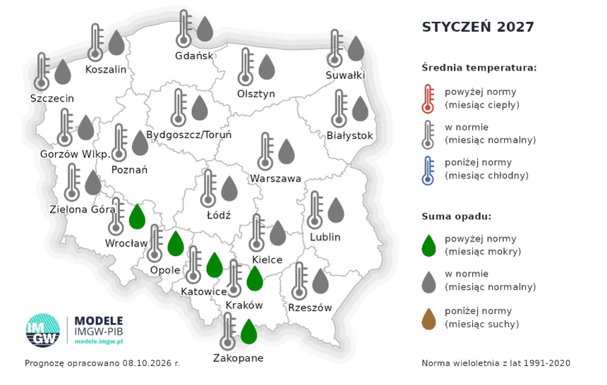 Średnia temperatura i suma opadu w styczniu 2027