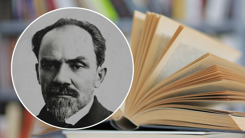 Stefan Żeromski, w tle książka 