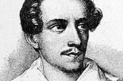Juliusz Słowacki. Mężczyzna z wąsami, w białej koszuli, w portrecie w stylu graficznym.