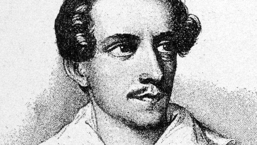 Juliusz Słowacki. Mężczyzna z wąsami, w białej koszuli, w portrecie w stylu graficznym.