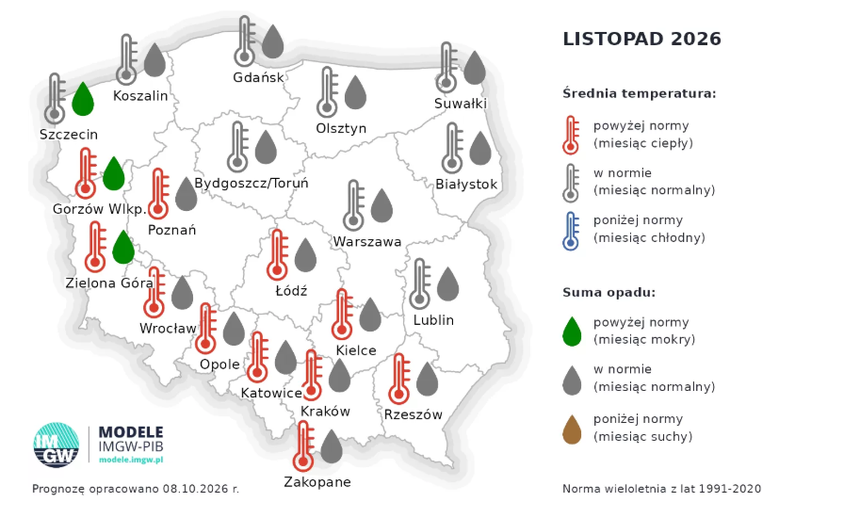 Średnia temperatura i suma opadu w listopadzie 2026