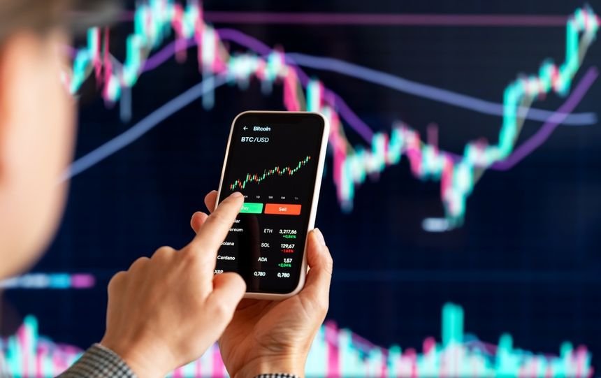 Osoba trzyma telefon, na którym wyświetlony jest wykres kursu Bitcoina. Tło to wykres finansowy.