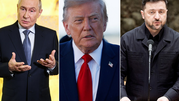 Na zdjęciu trzech mężczyzn: Władimir Putin, Donald Trump i Wołodymyr Zełenski w różnych pozach.