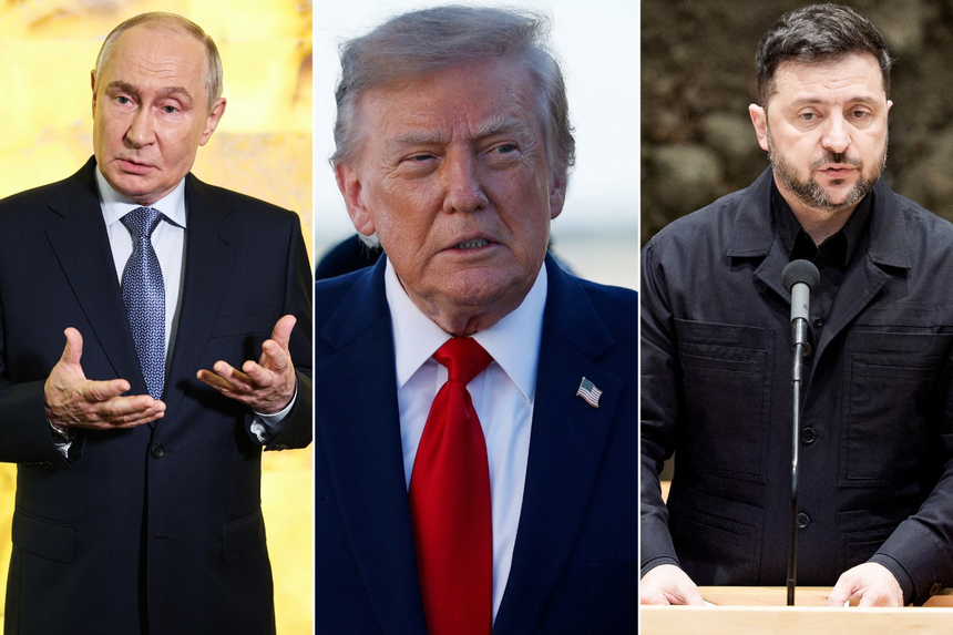 Na zdjęciu trzech mężczyzn: Władimir Putin, Donald Trump i Wołodymyr Zełenski w różnych pozach.