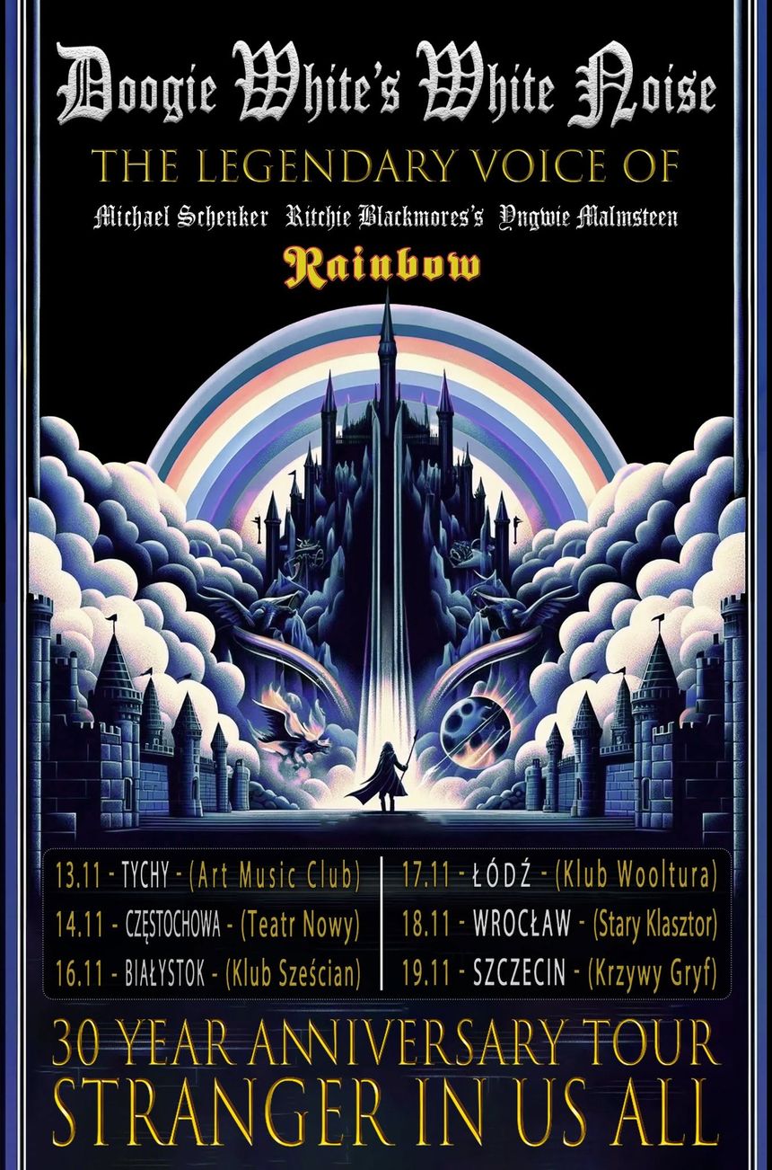 Plakat koncertowy Doogie White’s White Noise, z zamkiem i tęczą, z datami wydarzeń w Polsce.