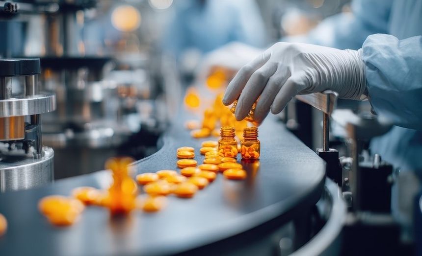 Pracownik w rękawiczkach umieszcza kapsułki w szklanych butelkach na linii produkcyjnej.