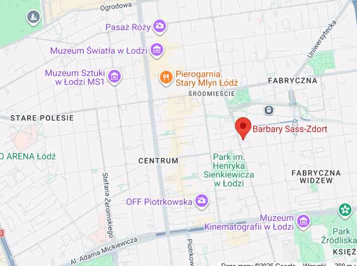 Mapa miasta Łódź z zaznaczoną lokalizacją Barbary Sass-Zdort w centrum.