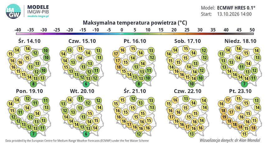 Maksymalne temperatury powietrza w Polsce od 14 do 23 października 2026 roku.
