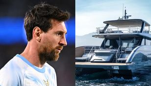 Na zdjęciu Lionel Messi z brodą i jasną koszulką, obok luksusowy jacht na wodzie.