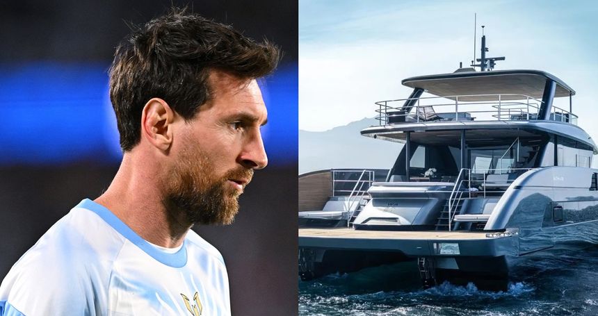 Na zdjęciu Lionel Messi z brodą i jasną koszulką, obok luksusowy jacht na wodzie.