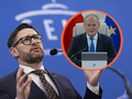 Na zdjęciu Daniel Obajtek z mikrofonem, w tle portret Donalda Tuska przy komputerze.