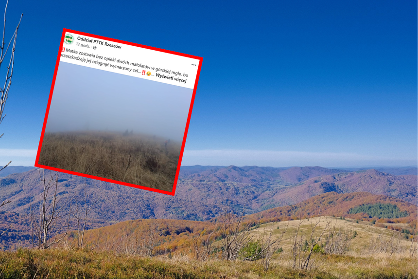 Widok na górski krajobraz z mgłą i roślinnością. W tle wzniesienia i niebieskie niebo.