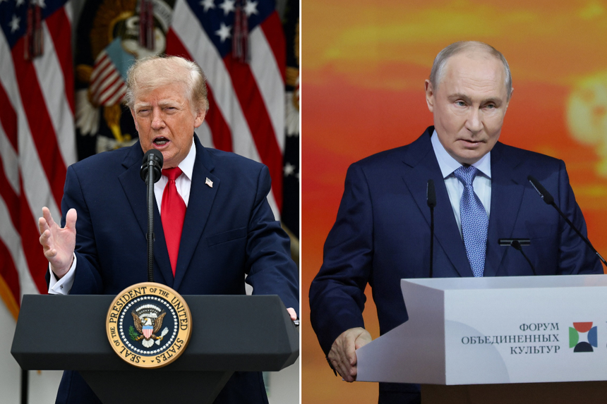 Na zdjęciu Donald Trump mówi do mikrofonu, obok stoi Władimir Putin.