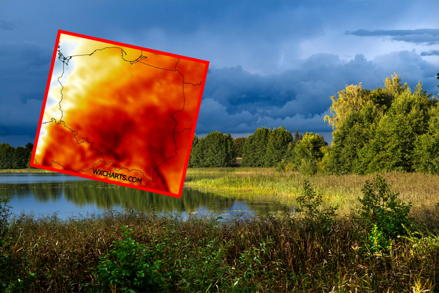 Zdjęcie krajobrazu wodno-leśnego z nadchodzącymi burzowymi chmurami nad Polską.