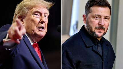 Na zdjęciu po lewej Donald Trump, po prawej Wołodymyr Zełenski. Obaj mężczyźni w poważnych pozach.