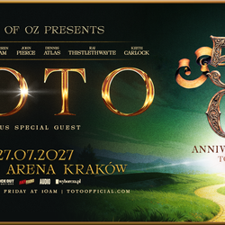 Plakat koncertu zespołu TOTO, zaplanowanego na 27.07.2027 w Tauron Arenie Kraków.