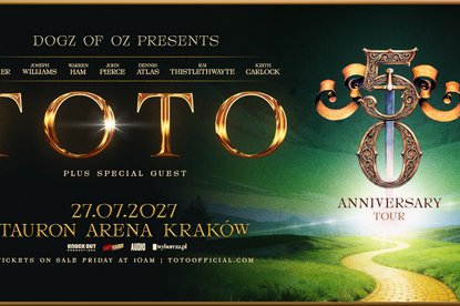 Plakat koncertu zespołu TOTO, zaplanowanego na 27.07.2027 w Tauron Arenie Kraków.