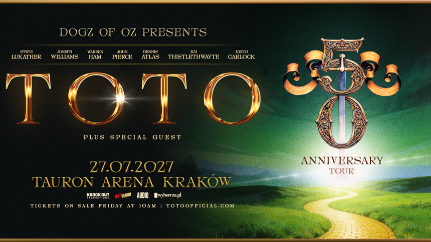 Plakat koncertu zespołu TOTO, zaplanowanego na 27.07.2027 w Tauron Arenie Kraków.