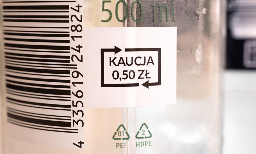 Etykieta butelki z kodem kreskowym, informacją o kaucji 0,50 zł i pojemności 500 ml.