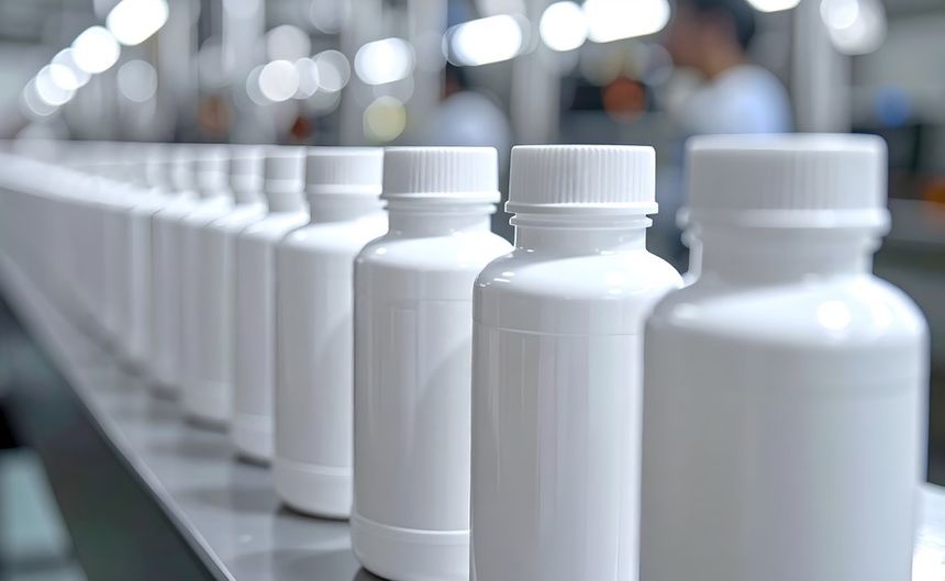 Zdjęcie przedstawia rząd białych butelek na taśmie produkcyjnej w fabryce.