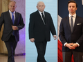 Trzech mężczyzn w garniturach, każdy na innym tle. Pośrodku w czerni Jarosław Kaczyński.