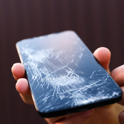 Zniszczony telefon komórkowy trzymany w dłoni, pokryty pęknięciami na ekranie.