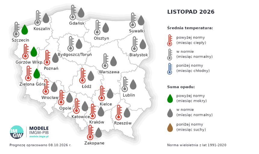 Średnia temperatura i suma opadu w listopadzie 2026