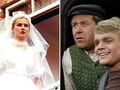 Na zdjęciu dwie sceny filmowe: panna młoda w welonie oraz trzech mężczyzn z uśmiechem.