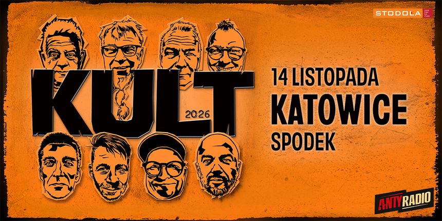 Plakat koncertu zespołu Kult w Katowicach, z datą i miejscem wydarzenia. W tle twarze muzyków.