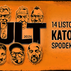 Plakat koncertu zespołu Kult, daty i miejsca wydarzenia w Katowicach, stylizowane twarze artystów.
