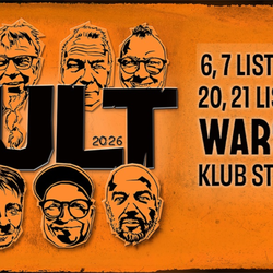 Plakat reklamujący koncert zespołu Kult w Warszawie, grafika z twarzami członków zespołu.
