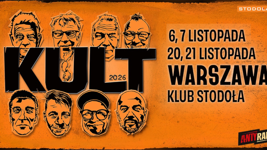 Plakat reklamujący koncert zespołu Kult w Warszawie, grafika z twarzami członków zespołu.