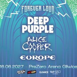 Plakat koncertu z nazwiskami zespołów: Deep Purple, Alice Cooper, Europe, data i miejsce wydarzenia.