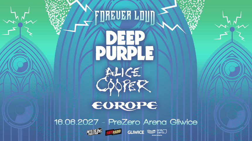 Plakat koncertu z nazwiskami zespołów: Deep Purple, Alice Cooper, Europe, data i miejsce wydarzenia.