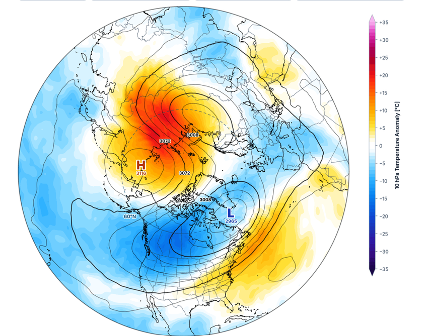 Anomalia temperatury na poziomie 10 hPa i wysokość geopotencjalna