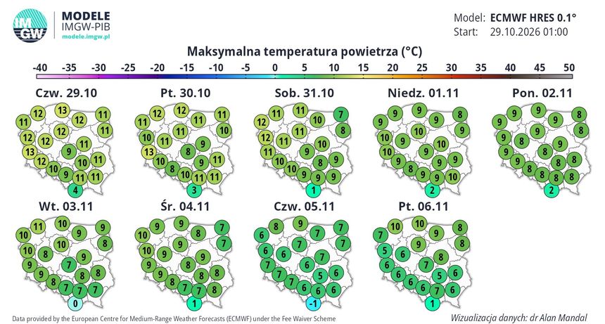 Mapa prognozy maksymalnej temperatury powietrza w Polsce na kilka dni. Zawiera strefy z wartościami.