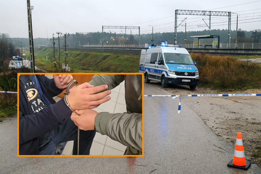 Na zdjęciu: policyjny radiowóz przy torach, zatrzymanie z kajdankami. Deszczowa pogoda.
